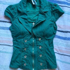 Teal Short-Sleeve Zip-Up Jacket with Decorative Buttons